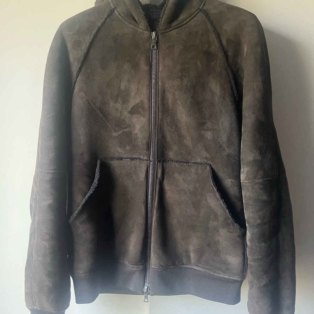 Prada shearling leather bomber hooded jacket